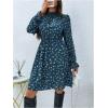 image:imageMakeMeChic Womens Floral Print Long Sleeve Mock Neck Shirred A Line Casual Short Mini DressBlue