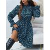 image:imageMakeMeChic Womens Floral Print Long Sleeve Mock Neck Shirred A Line Casual Short Mini DressBlue