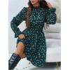 image:imageMakeMeChic Womens Floral Print Long Sleeve Mock Neck Shirred A Line Casual Short Mini DressDark Green