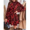 image:imageMakeMeChic Womens Floral Print Long Sleeve Mock Neck Shirred A Line Casual Short Mini DressRed