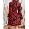 image:imageMakeMeChic Womens Floral Print Long Sleeve Mock Neck Shirred A Line Casual Short Mini DressRed