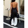 image:imageMakeMeChic Womens Lace Satin Asymmetrical Tops Spaghetti Strap Contrast Mini DressBlack