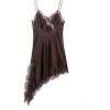 image:imageMakeMeChic Womens Lace Satin Asymmetrical Tops Spaghetti Strap Contrast Mini DressBrown