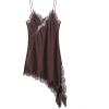 image:imageMakeMeChic Womens Lace Satin Asymmetrical Tops Spaghetti Strap Contrast Mini DressBrown