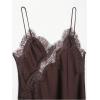 image:imageMakeMeChic Womens Lace Satin Asymmetrical Tops Spaghetti Strap Contrast Mini DressBrown
