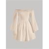 image:imageMakeMeChic Womens Off Shoulder Dress Baby Doll Bell Sleeve Shirred Flared A Line Mini Dresses