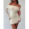 image:imageMakeMeChic Womens Off The Shoulder Dress Long Sleeve Bodycon Elegant Mini DressesApricot