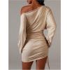 image:imageMakeMeChic Womens Off The Shoulder Mini Dress Ruched Drawstring Long Sleeve Bodycon DressesKhaki