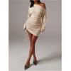 image:imageMakeMeChic Womens Off The Shoulder Mini Dress Ruched Drawstring Long Sleeve Bodycon DressesKhaki