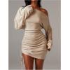 image:imageMakeMeChic Womens Off The Shoulder Mini Dress Ruched Drawstring Long Sleeve Bodycon DressesKhaki