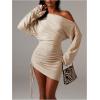 image:imageMakeMeChic Womens Off The Shoulder Mini Dress Ruched Drawstring Long Sleeve Bodycon DressesKhaki