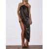 image:imageMakeMeChic Womens Satin Halter Dress Lace Asymmetrical Backless Cocktail Maxi DressesBlack
