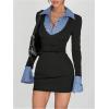 image:imageMakeMeChic Womens Spring Outfits Gingham Bodycon Mini Dress Long Sleeve Collared 2 in 1 Business Casual DressBlack