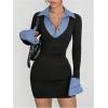 image:imageMakeMeChic Womens Spring Outfits Gingham Bodycon Mini Dress Long Sleeve Collared 2 in 1 Business Casual DressBlack