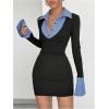 image:imageMakeMeChic Womens Spring Outfits Gingham Bodycon Mini Dress Long Sleeve Collared 2 in 1 Business Casual DressBlack