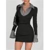 image:imageMakeMeChic Womens Spring Outfits Gingham Bodycon Mini Dress Long Sleeve Collared 2 in 1 Business Casual DressBlack B