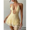 image:imageMakeMeChic Womens Summer Halter Cut Out Mini Dress Floral Lace Ruffle Tiered Boho SundressYellow