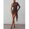 image:imageMakeMeChic Womens Summer Mini Dress Wrap One Shoulder Ruched Asymmetrical Y2K Bodycon DressesBrown