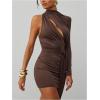 image:imageMakeMeChic Womens Summer Mini Dress Wrap One Shoulder Ruched Asymmetrical Y2K Bodycon DressesBrown
