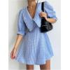 image:imageMakeMeChic Womens Summer Mini Dresses Gingham Print Puff Sleeve A Line Collared DressBlue