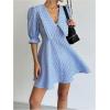 image:imageMakeMeChic Womens Summer Mini Dresses Gingham Print Puff Sleeve A Line Collared DressBlue