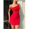 image:imageMakeMeChic Womens Twist Asymmetrical Neck Dress Sleeveless Bodycon Party Short DressesRed