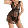 image:imageMakeMeChic Womens 2 Piece Polka Dots Lingerie Set Mesh Sheer V Neck Babydoll Nightgowns with G StringBlack