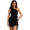 image:imageMakeMeChic Womens 3D Flower One Shoulder Dress Ruched Bodycon Cocktail Mini DressesBlack