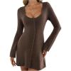 image:imageMakeMeChic Womens Button Down Sweater Dress Scoop Neck Long Sleeve A Line Flare Knit DressesCoffee Brown