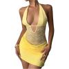 image:imageMakeMeChic Womens Floral Lace Halter Mini Dress Sheer Ruched Sleeveless Bodycon Y2K DressesYellow