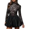 image:imageMakeMeChic Womens Floral Lace Sheer Bubble Dress Mock Neck Long Sleeve A Line Party Mini DressesBlack