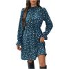 image:imageMakeMeChic Womens Floral Print Long Sleeve Mock Neck Shirred A Line Casual Short Mini DressBlue
