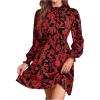 image:imageMakeMeChic Womens Floral Print Long Sleeve Mock Neck Shirred A Line Casual Short Mini DressRed