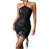 image:imageMakeMeChic Womens Floral Sequin Halter Dress Lettuce Trim Mesh Bodycon Y2K Mini DressesBlack