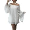 image:imageMakeMeChic Womens Off The Shoulder Bell Sleeve Tunic Dress Pleated Mini DressesWhite