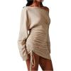 image:imageMakeMeChic Womens Off The Shoulder Mini Dress Ruched Drawstring Long Sleeve Bodycon DressesKhaki