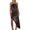 image:imageMakeMeChic Womens Satin Halter Dress Lace Asymmetrical Backless Cocktail Maxi DressesBlack