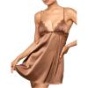 image:imageMakeMeChic Womens Satin Silk Nightgown Lace Trim Tie Back Babydoll Slip Dress SleepwearBrown
