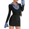 image:imageMakeMeChic Womens Spring Outfits Gingham Bodycon Mini Dress Long Sleeve Collared 2 in 1 Business Casual DressBlack