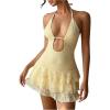 image:imageMakeMeChic Womens Summer Halter Cut Out Mini Dress Floral Lace Ruffle Tiered Boho SundressYellow