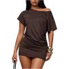 image:imageMakeMeChic Womens Summer Mini Dress Y2K Short Sleeve Asymmetrical Bodycon Short DressesRust Brown