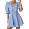 image:imageMakeMeChic Womens Summer Mini Dresses Gingham Print Puff Sleeve A Line Collared DressBlue