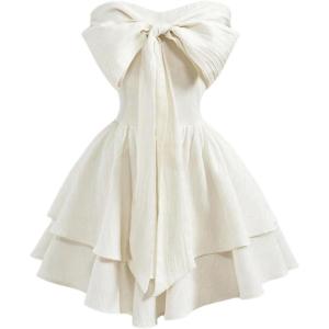 image:imageMakeMeChic Womens A Line Dress Ruffle Tiered Bandeau Shirred Tie Front Elegant Summer Short DressesApricot