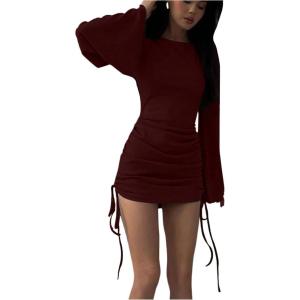 image:imageMakeMeChic Womens Bell Sleeve Bodycon Dress Ruched Drawstring Party Club Mini DressesBurgundy