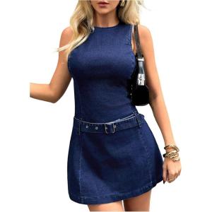 image:imageMakeMeChic Womens Belted Denim Mini Dress Crew Neck Sleeveless A Line Summer Jean DressesBlue