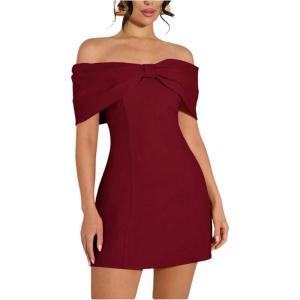image:imageMakeMeChic Womens Bow Off The Shoulder Bodycon Dress Short Sleeve Cocktail Mini DressesBurgundy