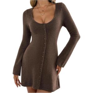 image:imageMakeMeChic Womens Button Down Sweater Dress Scoop Neck Long Sleeve A Line Flare Knit DressesCoffee Brown