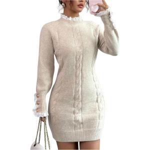 image:imageMakeMeChic Womens Button Lace Cable Knit Sweater Dress Long Sleeve Knit Bodycon Mini DressesApricot