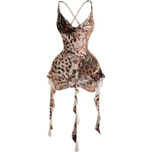 image:imageMakeMeChic Womens Cheetah Print Mini Dress Party Sleeveless Bodycon Draped Grunge Y2K Short DressesMocha Brown