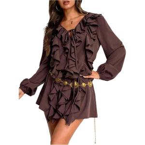 image:imageMakeMeChic Womens Chiffon Ruffle Mini Dress Y2k Long Sleeve V Neck Boho Going Out DressesBrown
